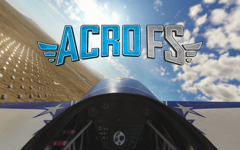 A plane flying over a solar farm and the Acro FS logo